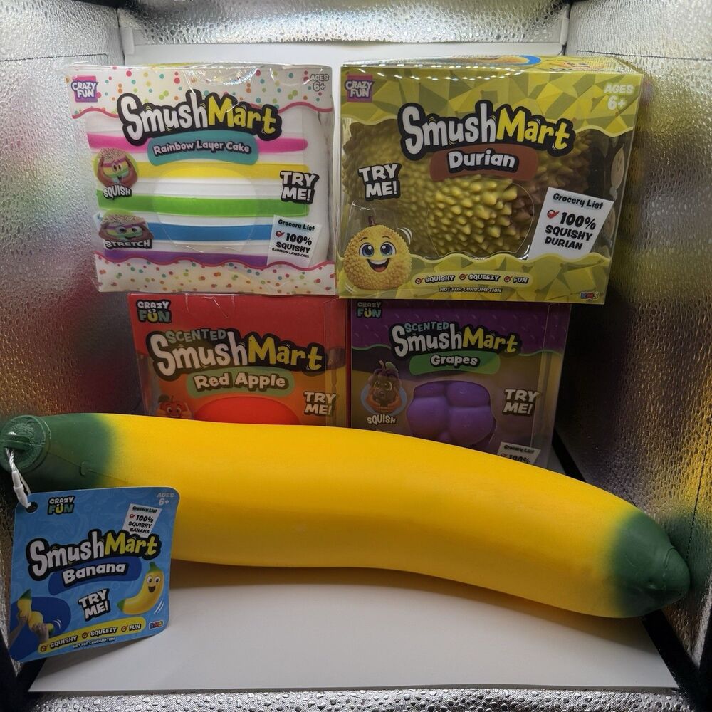 [4PC] Smushmart Squishy Bundle: Durian, Banana, Durian, Grape, Cake - Viral, New